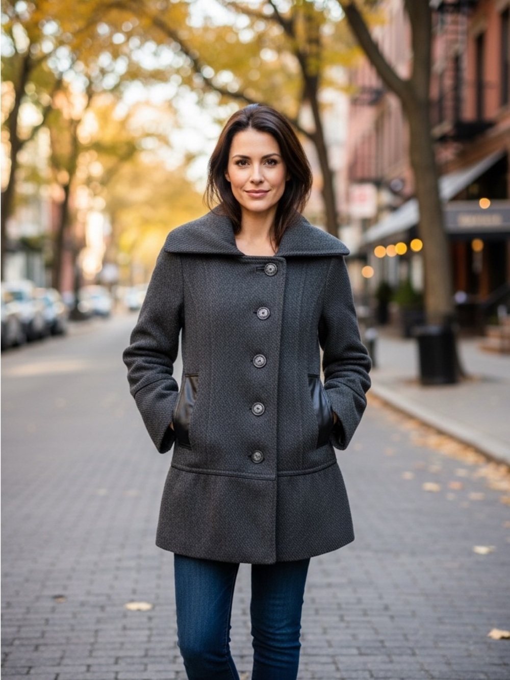 Grey Wool Blend Button Up Long Sleeve Short Pea Coat Jacket S